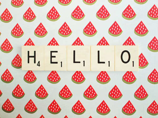 Hello. Retro Scrabble Tiles. Size 5x7"