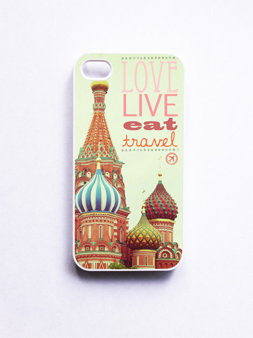 iPhone Case. Moscow Russia. Love Live Eat Travel. White Case. Accessory iPhone 4 and 4S. Red. Orange. Tangerine. Green. Typography.