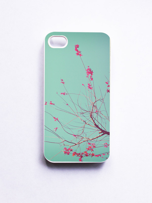 iPhone Case. Autumn Photo. White Case. iPhone 4 and 4S Accessory. Aquamarine Sky. Red Leaves.