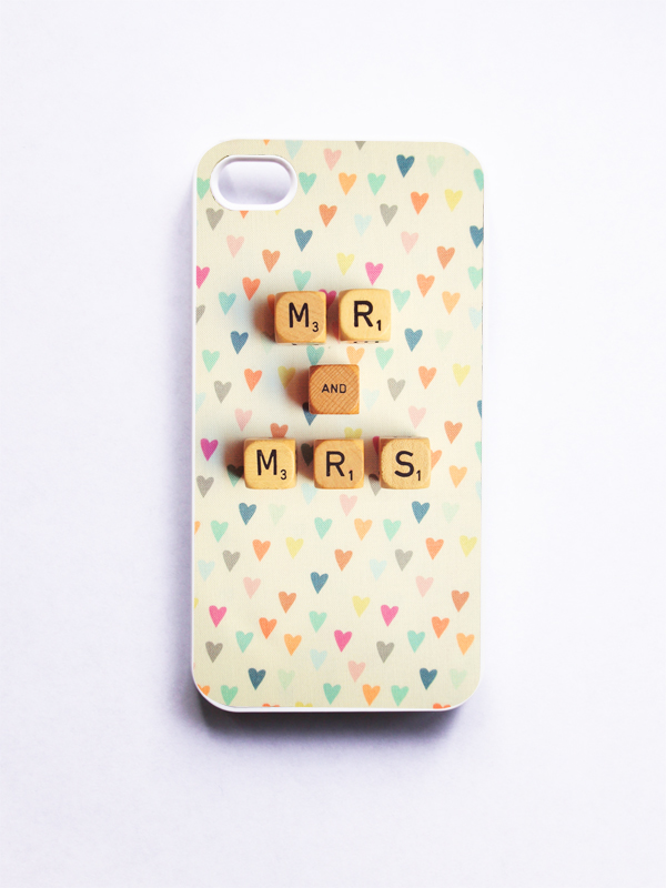 iPhone Case: Mr & Mrs Photo. Wedding. Rainbow Hearts. Scrabble. White Case. iPhone 4 and 4s Case. Vintage Word Dice. Made-To-Order